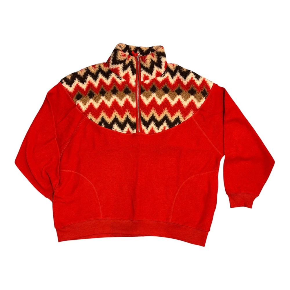 Aerie Hometown Holiday Quarter Zip Sweatshirt Red Sherpa Tribal Sz L (C3)